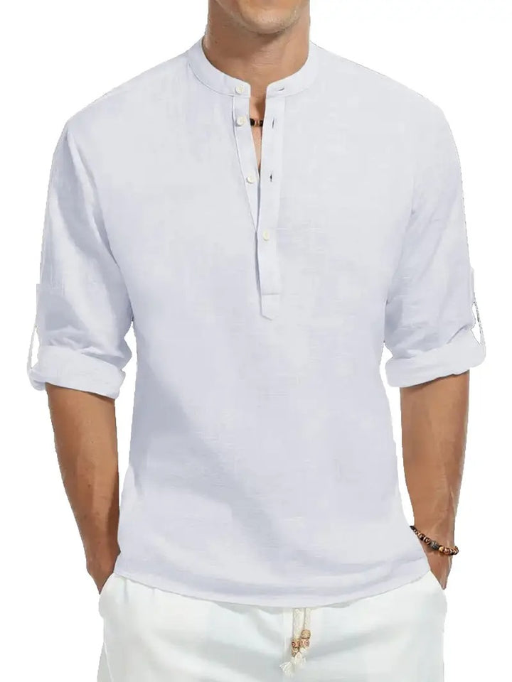 Camicia di Lino da Uomo | Maniche Lunghe | Colletto alla Coreana | Cotone Leggero