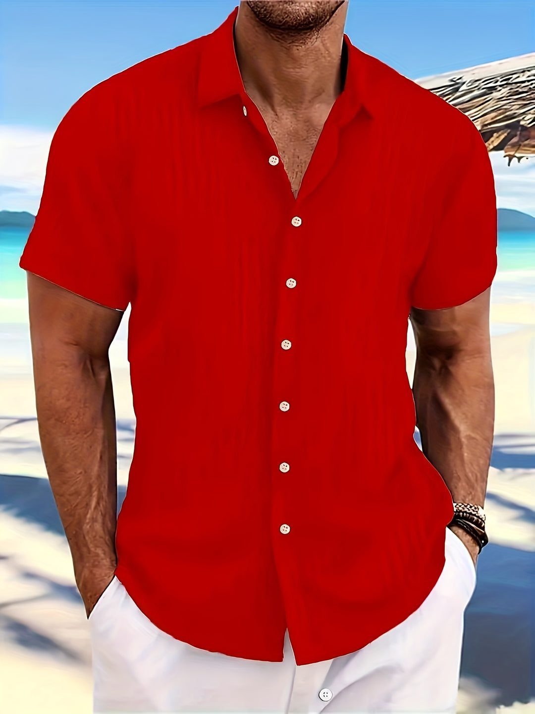 Camicia da Uomo | Design Uniforme Tessuto | Collo Rigido & Chiusura con Bottone | Stile Casual Estivo