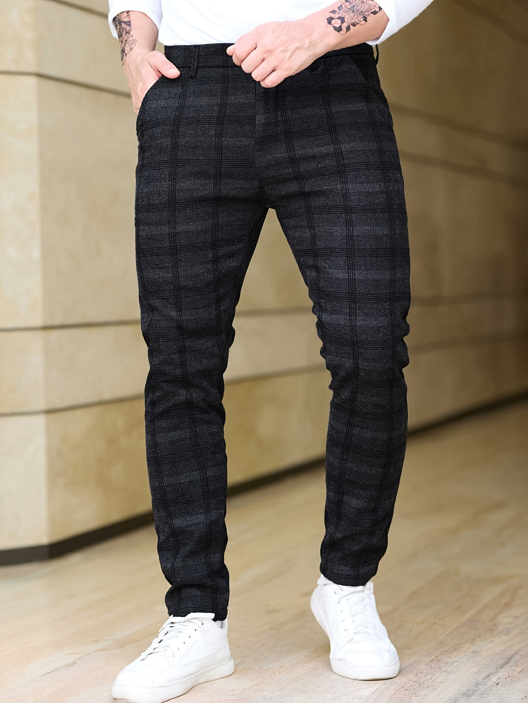 Pantaloni da Uomo | Slim-Fit a Quadri | Stretch & Tasche con Zip | Trendy & Casual