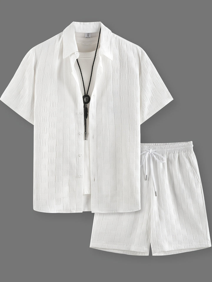 Set Estivo Uomo | Camicia Ricamata & Pantaloni Corti con Coulisse | Colore Unito | Casual