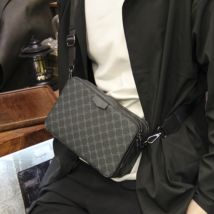 Borsa Crossbody Uomo | Design Streetstyle & a Quadri | Cinghia Regolabile & Molteplici Tasche | Nera