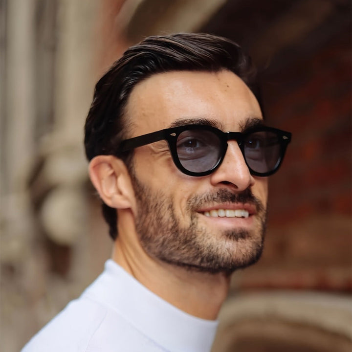 Occhiali da sole retro da uomo | Montatura rotonda nera & Lenti AC | Casual & Stile