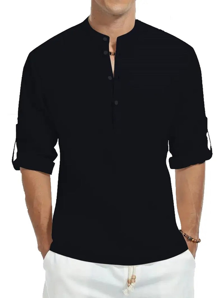 Camicia di Lino da Uomo | Maniche Lunghe | Colletto alla Coreana | Cotone Leggero