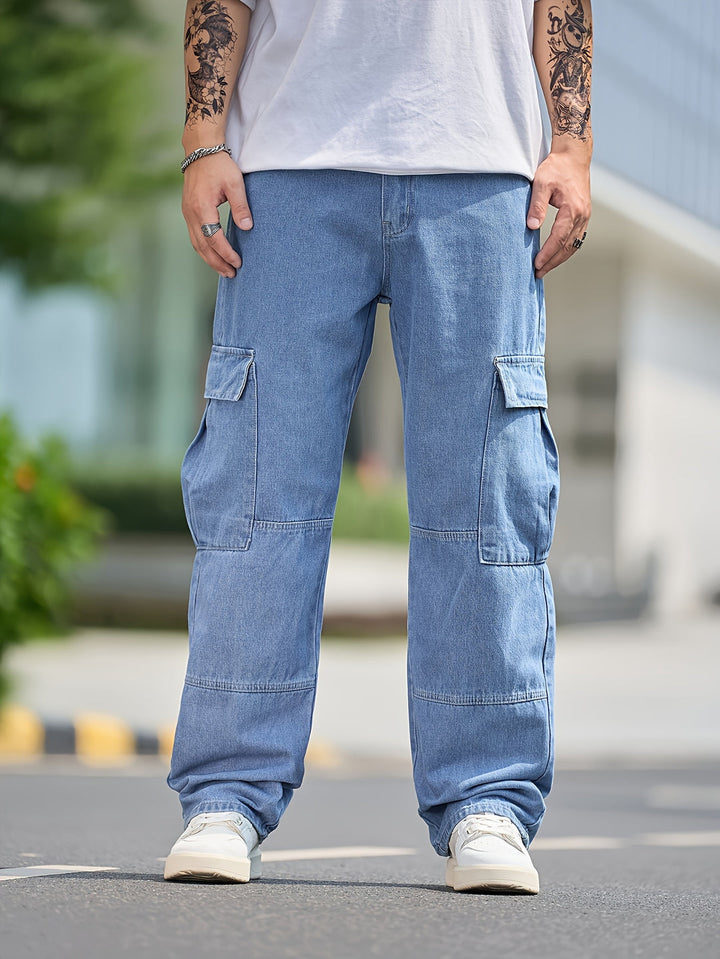 Pantaloni Cargo Denim da Uomo | Vestibilità Ampia & Molteplici Tasche | Colore Unito | Casual & Outdoor