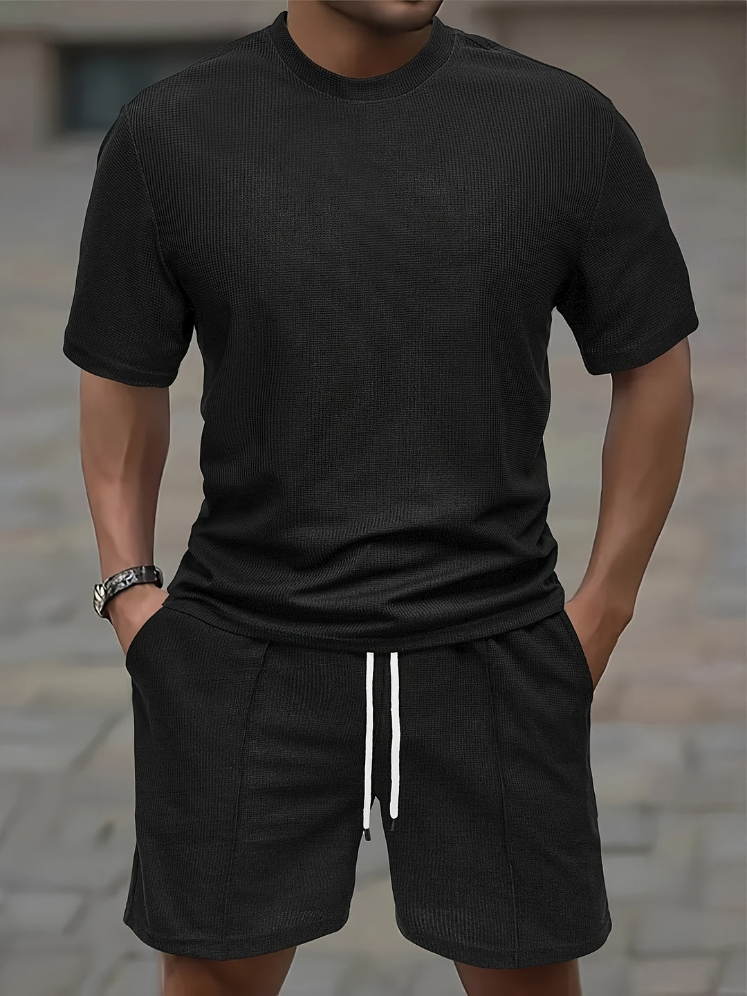 Set da Uomo | Outfit Sportivo Estivo | T-shirt a Waffle & Shorts con Tasche | Materiale Elastico