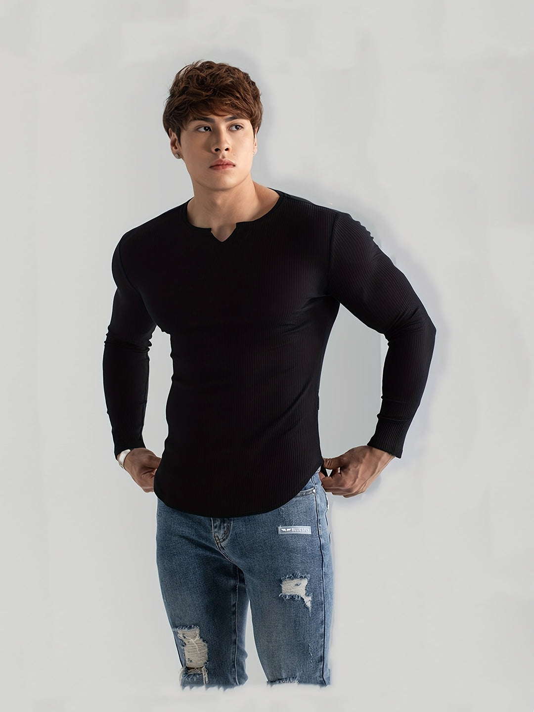 T-shirt Uomo | Collo a V & Maniche Lunghe | Alta Elasticità & Comfort | Casual