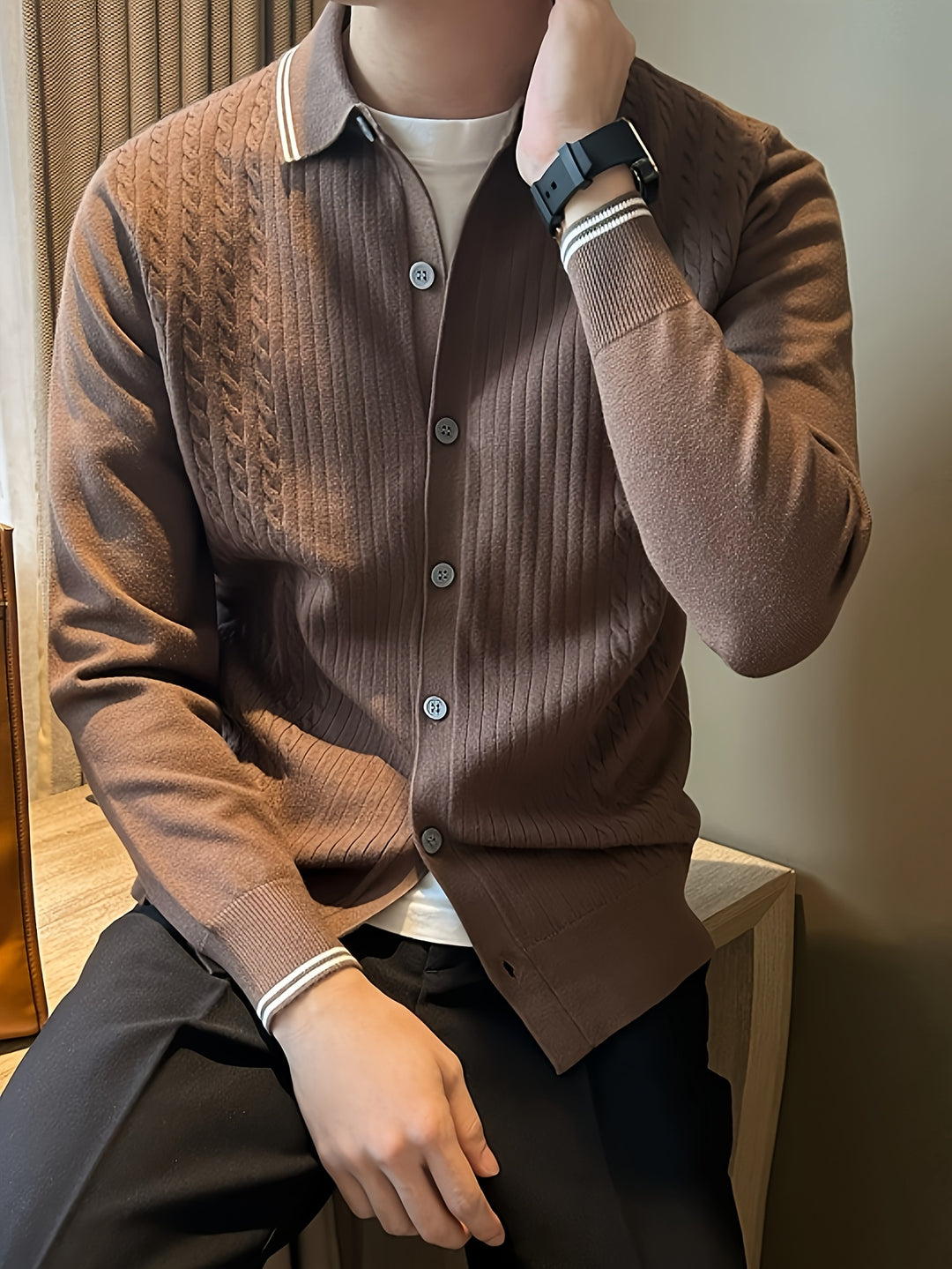 Maglione da Uomo | Lavorazione a Treccia & Leggero | Con Bottoni & Colletto Casual | Autunno & Inverno