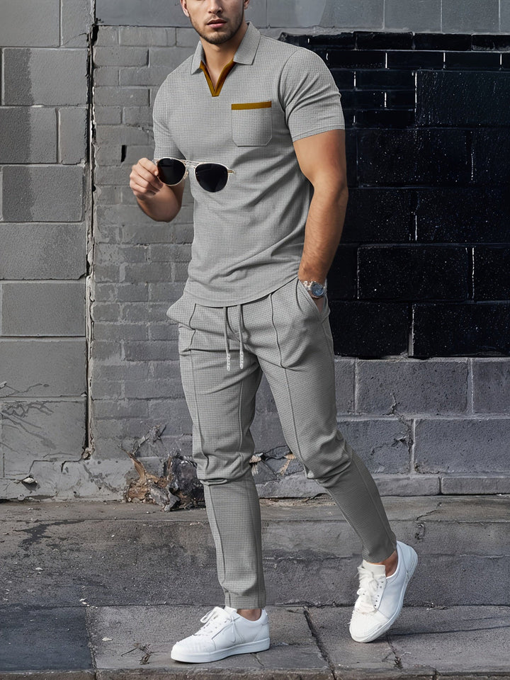 Set da Uomo 2 Pezzi | Collo a Waffle Trendy & Pantaloni Lunghi Confortevoli | Traspirante per l'Estate