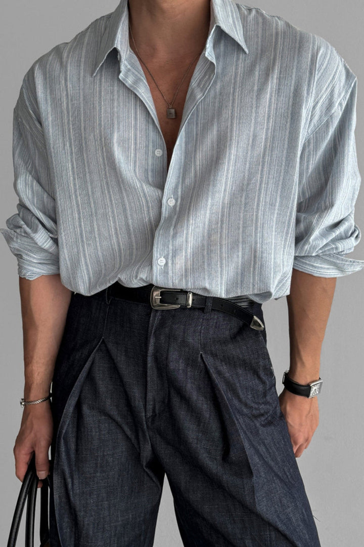 Camicia da Uomo | Lino a Righe & Maniche Lunghe | Leggera & Senza Stiro
