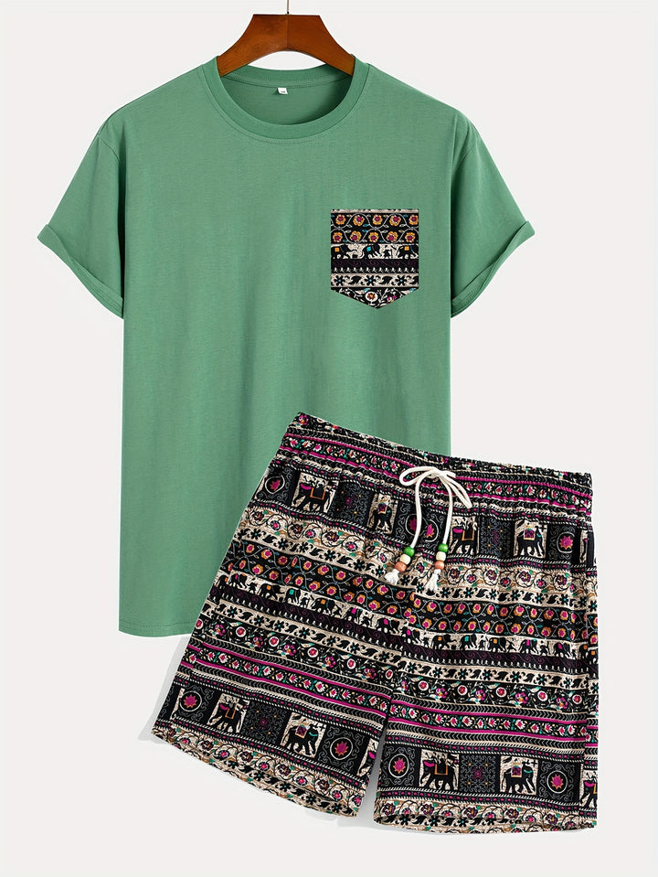 Set Boho da Uomo | Vivace & Stile | T-Shirt con Stampa Tribale & Pantaloni Corti | Cotone