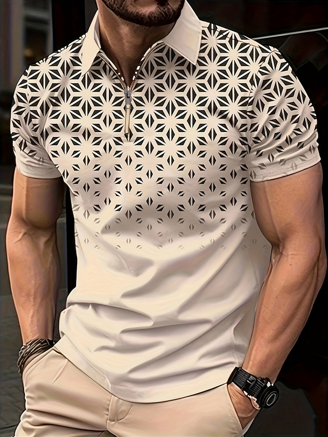 Camicia da Uomo | Motivo Geometrico | Confortevole & Versatile | Zip Manica Corta