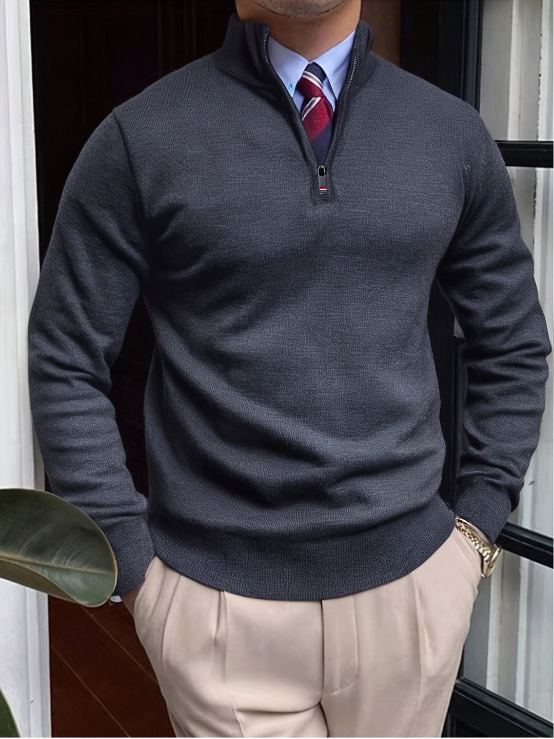 Maglione Uomo a Maglia | Collo a V con Mezza Zip | Maniche Lunghe | Poliestere