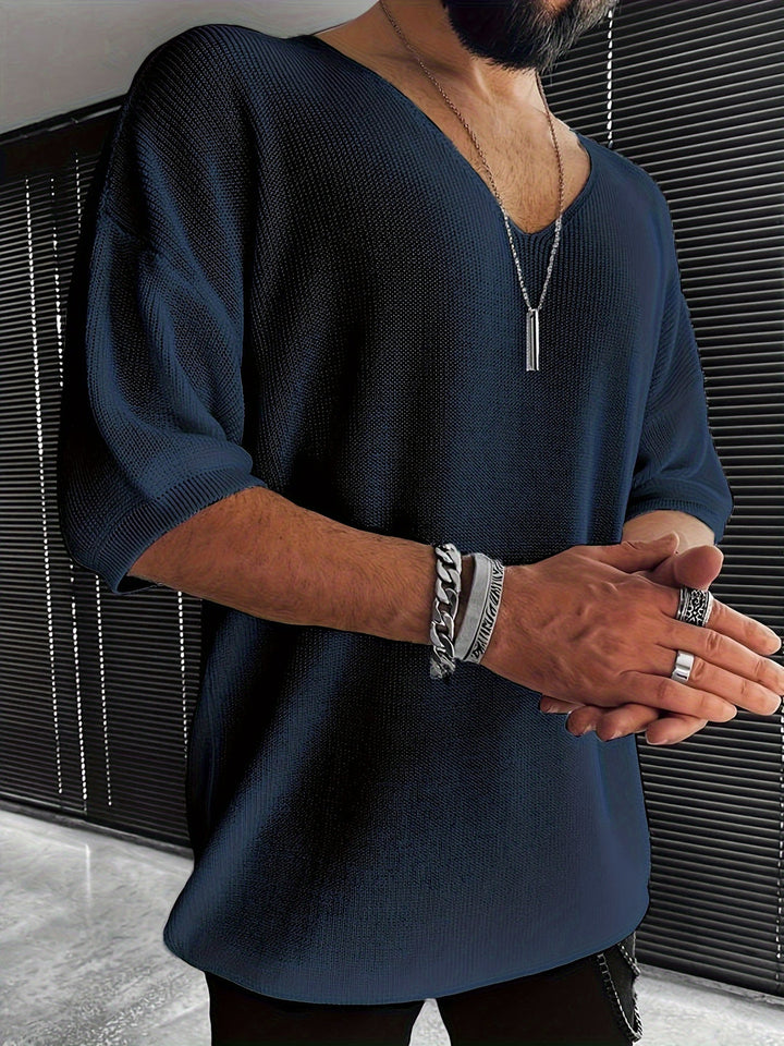 Maglietta da Uomo In Maglia | Collo a V & Maniche Corte | Vestibilità Larga | Casual Estivo