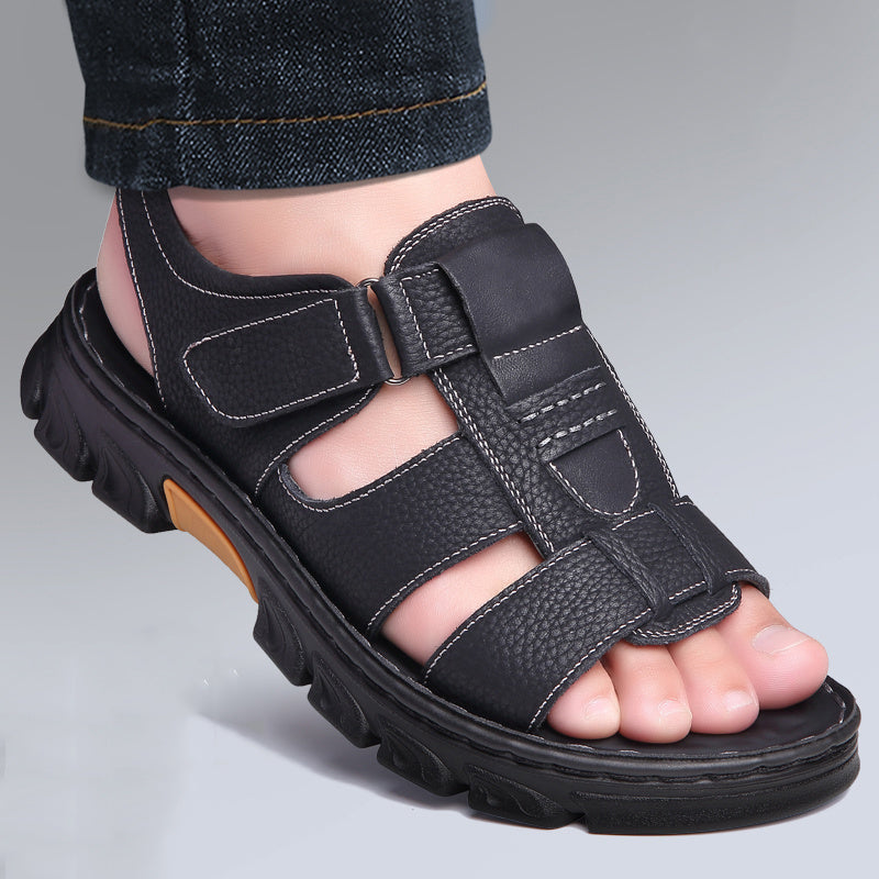 Sandali da Uomo | Punta Aperta & Velcro | Confortevoli & Antiscivolo | Pelle di Vitello & Suola in Gomma