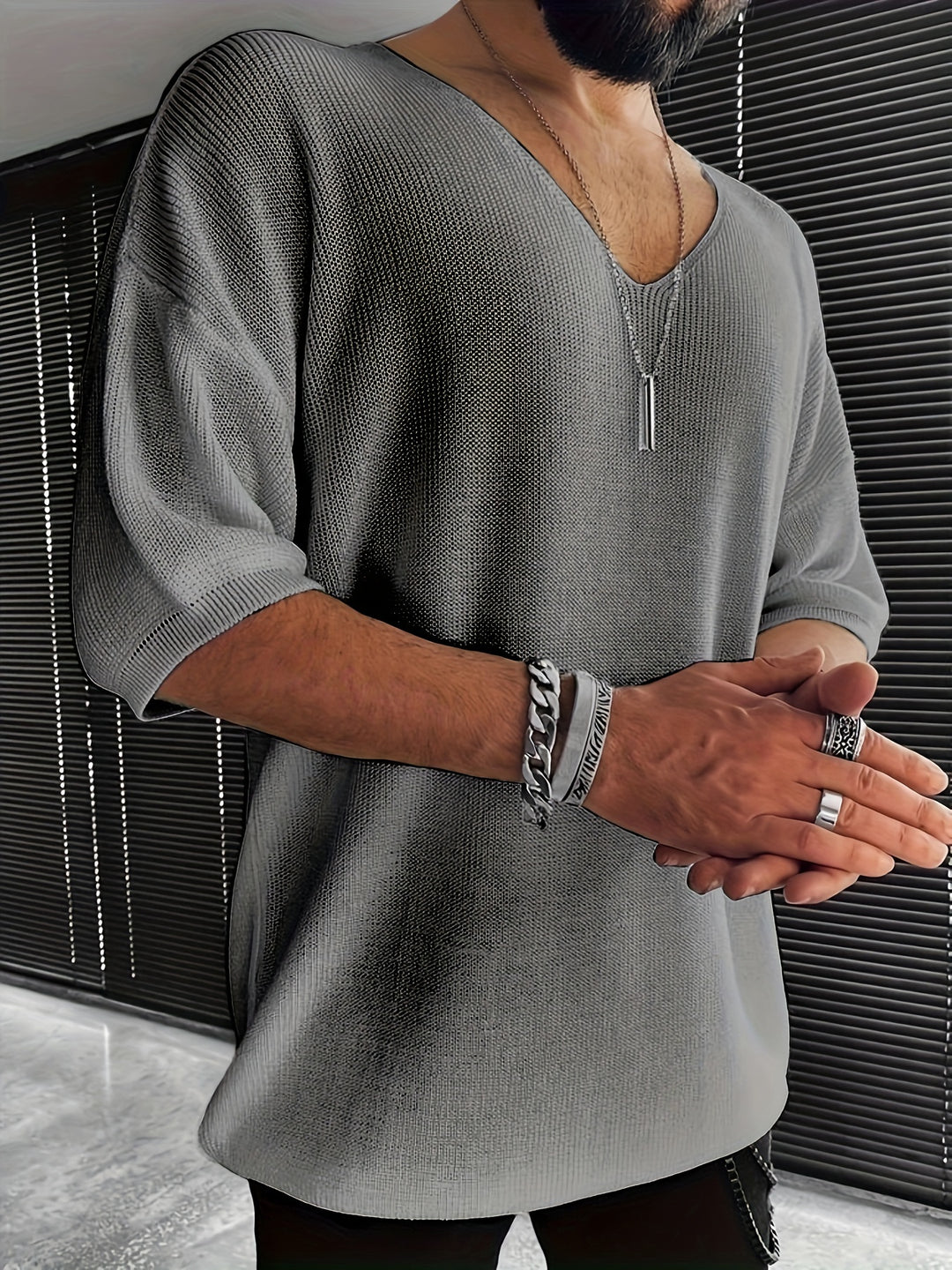 Maglietta da Uomo In Maglia | Collo a V & Maniche Corte | Vestibilità Larga | Casual Estivo