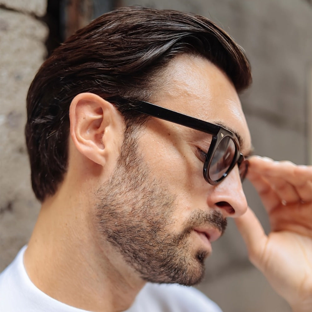 Occhiali da sole retro da uomo | Montatura rotonda nera & Lenti AC | Casual & Stile
