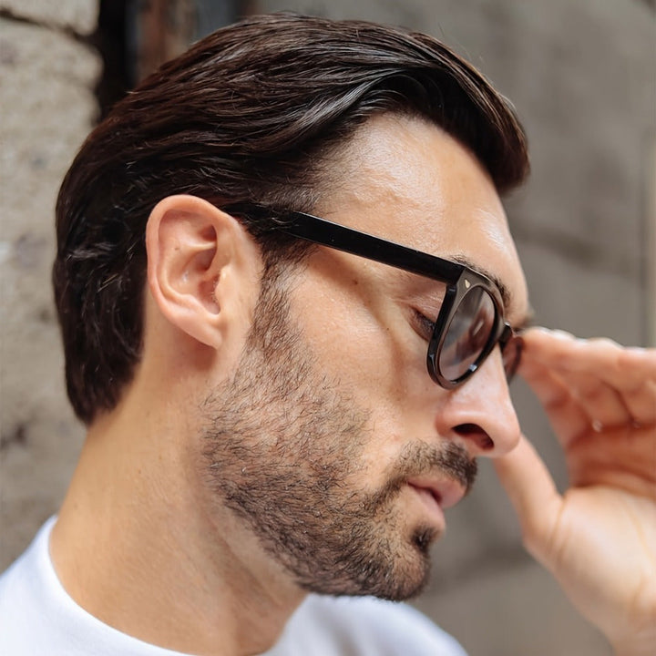 Occhiali da sole retro da uomo | Montatura rotonda nera & Lenti AC | Casual & Stile