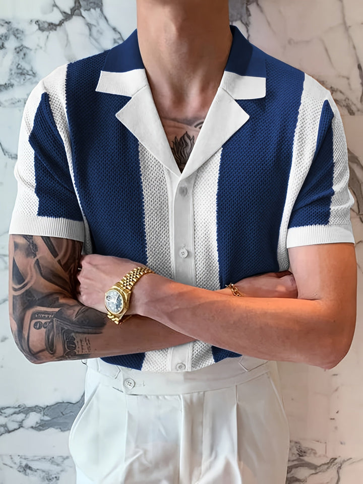 Camicia Uomo | Striata & Lavorata a Maglia | Blocchi di Colore | Collo Reversibile & Bordo a Coste | Estate Casual