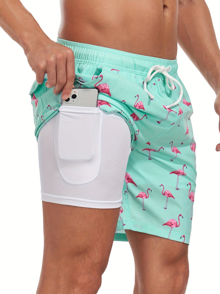 Costume da bagno da uomo | Stampa hawaiana e fenicottero | Asciugatura rapida e con cordino