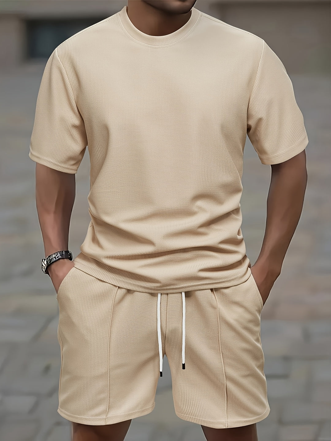 Set da Uomo | Outfit Sportivo Estivo | T-shirt a Waffle & Shorts con Tasche | Materiale Elastico