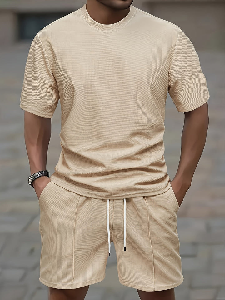 Set da Uomo | Outfit Sportivo Estivo | T-shirt a Waffle & Shorts con Tasche | Materiale Elastico