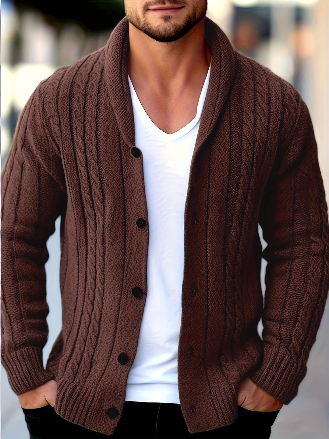 Cardigan da uomo in maglia | Maglia a trecce | Chiusura con bottoni | Poliestere | Maniche lunghe