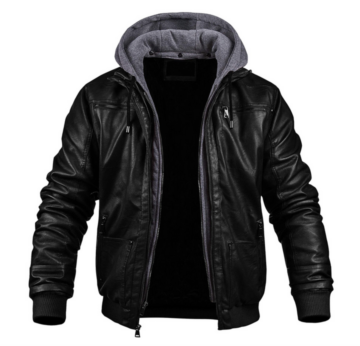 Giacca da Moto Uomo | Ecopelle con Cappuccio | Slim Fit Antivento | Fodera in Pile per l’Inverno
