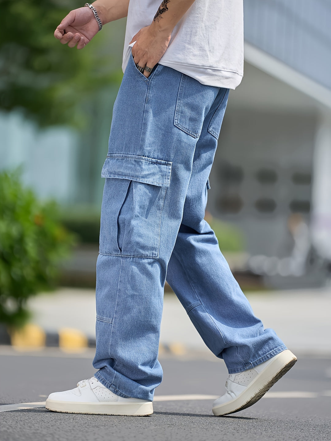 Pantaloni Cargo Denim da Uomo | Vestibilità Ampia & Molteplici Tasche | Colore Unito | Casual & Outdoor