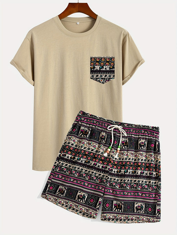 Set Boho da Uomo | Vivace & Stile | T-Shirt con Stampa Tribale & Pantaloni Corti | Cotone
