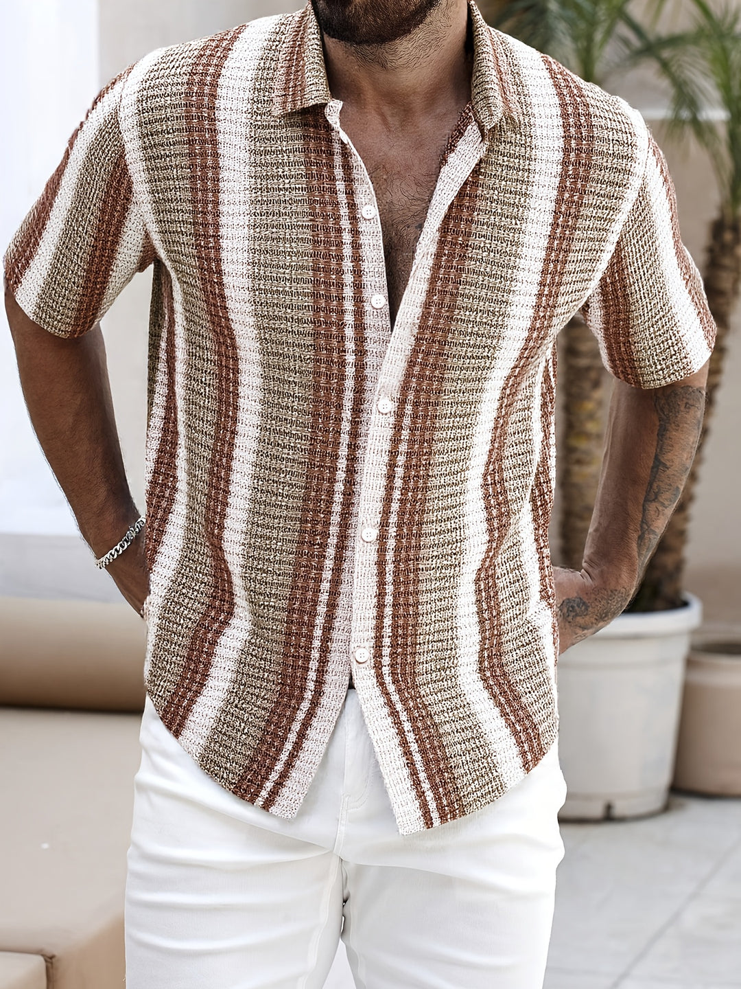 Camicia da Uomo | A Righe & Leggera | Manica Corto & Collo Ribattuto