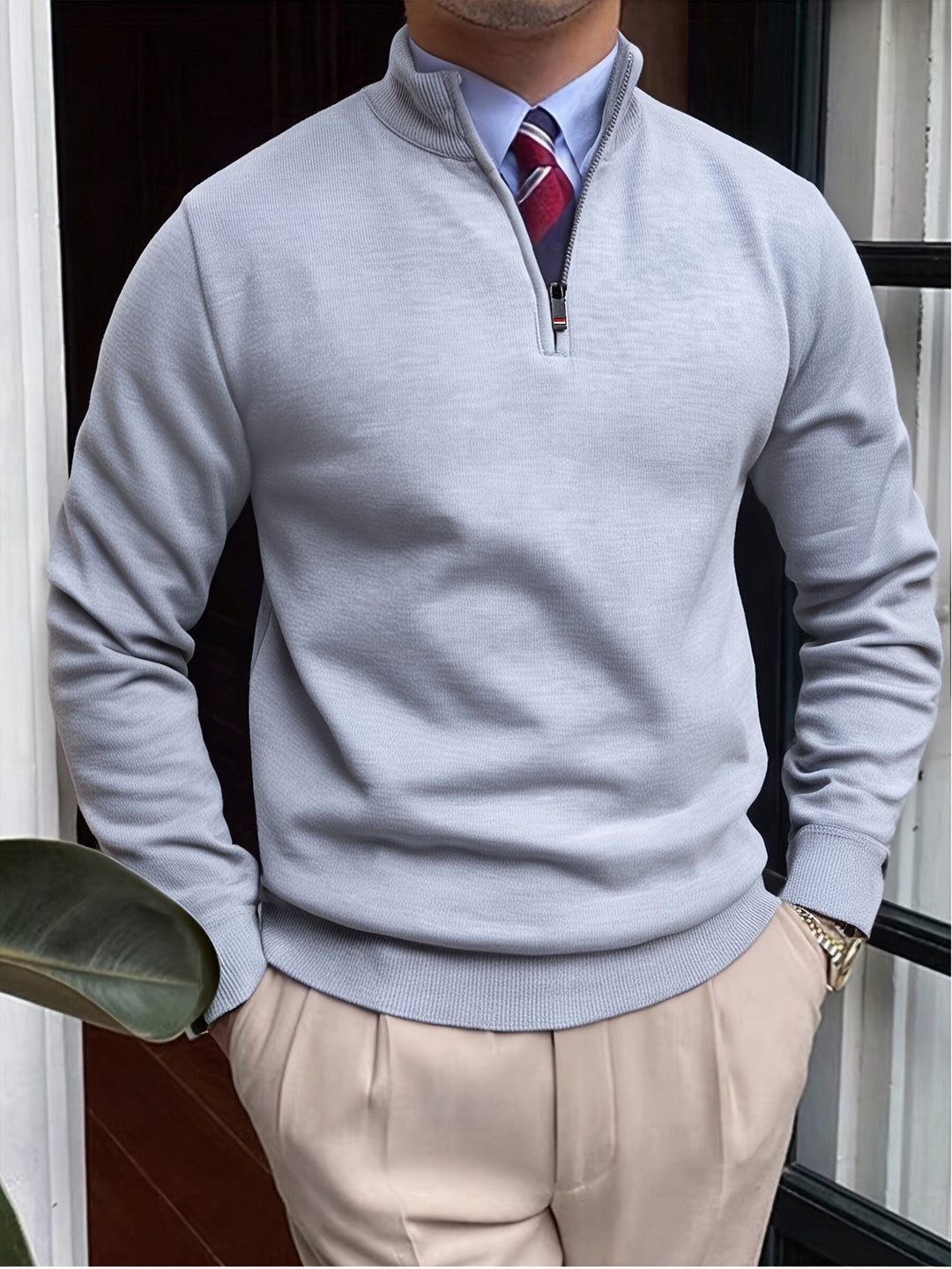 Maglione Uomo a Maglia | Collo a V con Mezza Zip | Maniche Lunghe | Poliestere