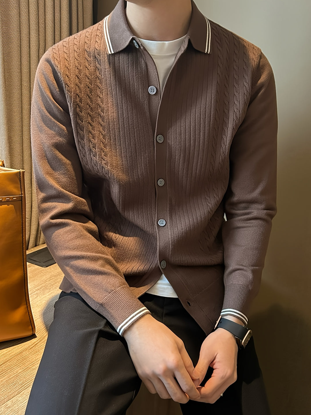 Maglione da Uomo | Lavorazione a Treccia & Leggero | Con Bottoni & Colletto Casual | Autunno & Inverno