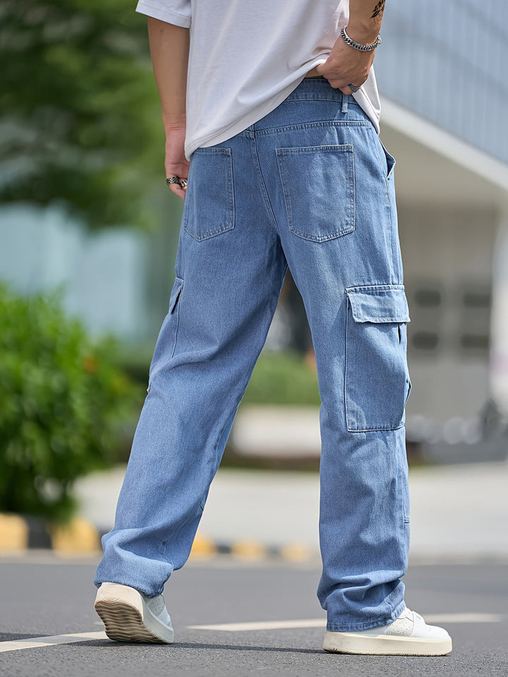 Pantaloni Cargo Denim da Uomo | Vestibilità Ampia & Molteplici Tasche | Colore Unito | Casual & Outdoor