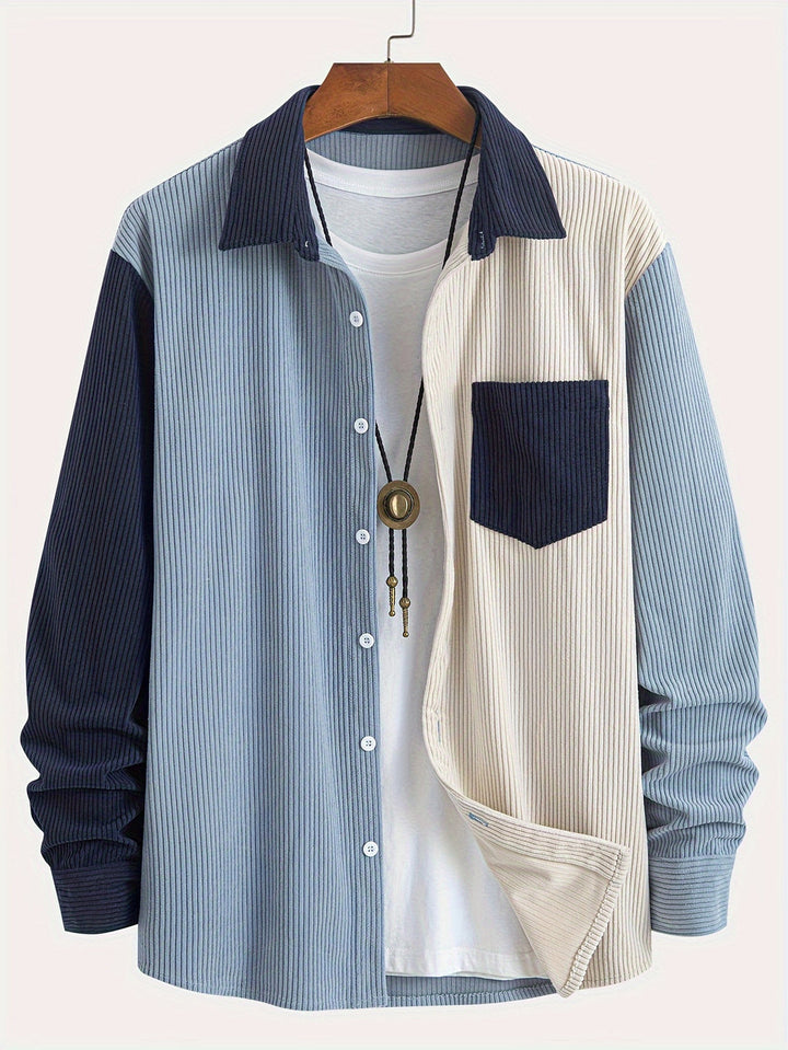 Camicia da Uomo | Velluto a Coste & Elasticizzata | Colletto a Righe & Taschino | Primavera & Autunno
