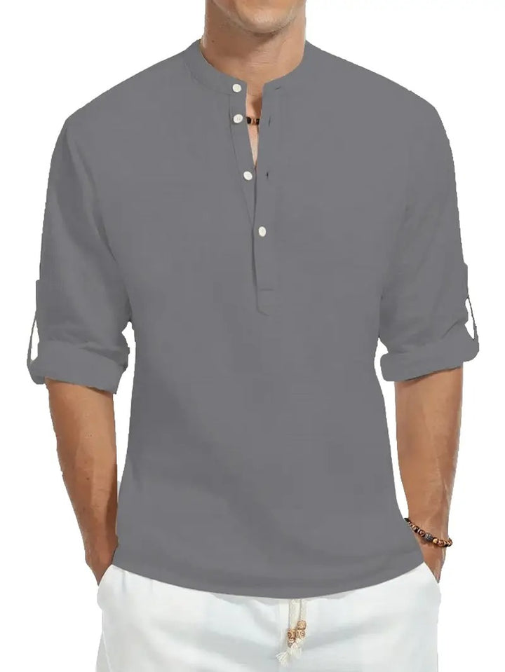 Camicia di Lino da Uomo | Maniche Lunghe | Colletto alla Coreana | Cotone Leggero