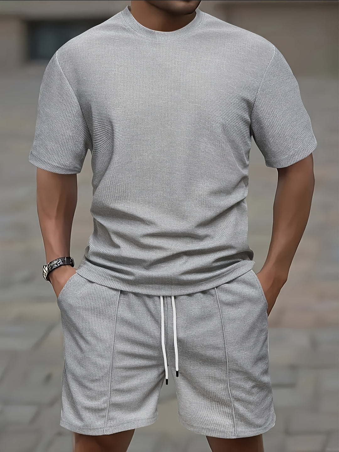Set da Uomo | Outfit Sportivo Estivo | T-shirt a Waffle & Shorts con Tasche | Materiale Elastico