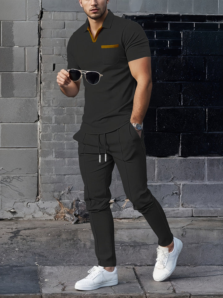 Set da Uomo 2 Pezzi | Collo a Waffle Trendy & Pantaloni Lunghi Confortevoli | Traspirante per l'Estate