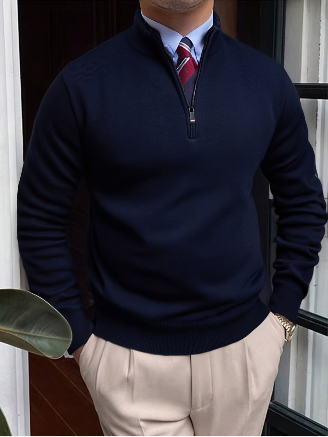 Maglione Uomo a Maglia | Collo a V con Mezza Zip | Maniche Lunghe | Poliestere