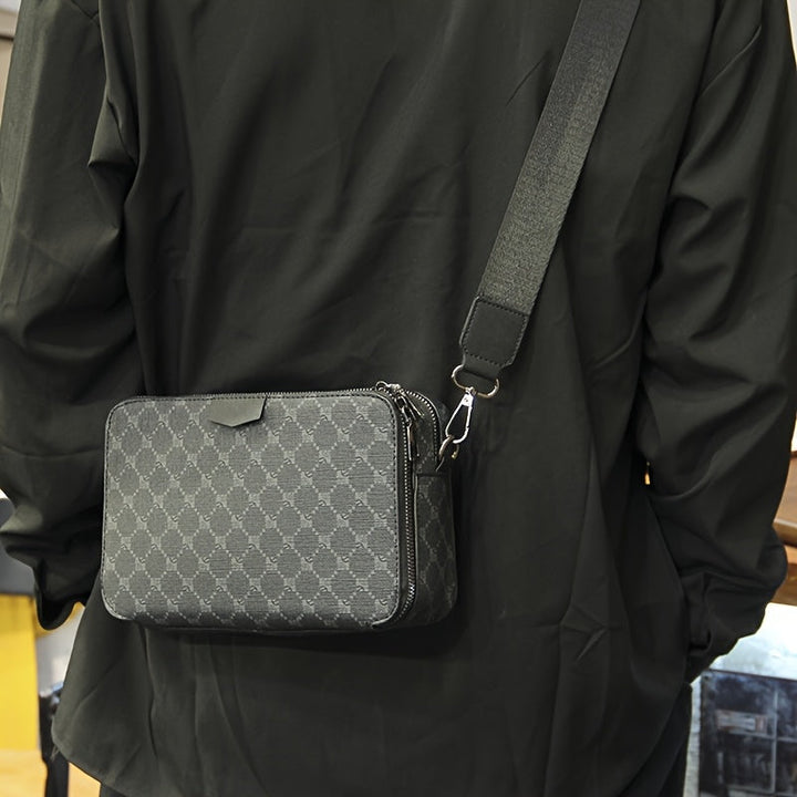 Borsa Crossbody Uomo | Design Streetstyle & a Quadri | Cinghia Regolabile & Molteplici Tasche | Nera