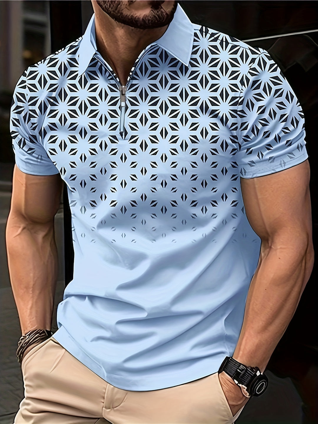 Camicia da Uomo | Motivo Geometrico | Confortevole & Versatile | Zip Manica Corta