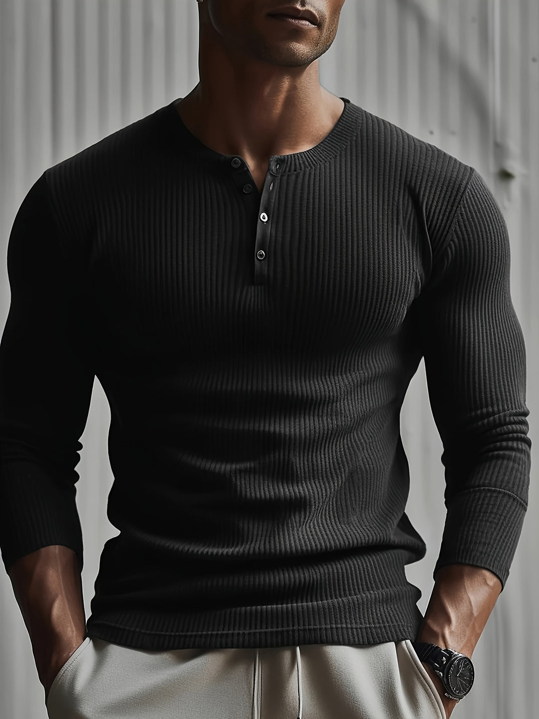 Camicia Henley da Uomo | Tessuto a Costine & Stretch | Slim Fit | Sport & Casual