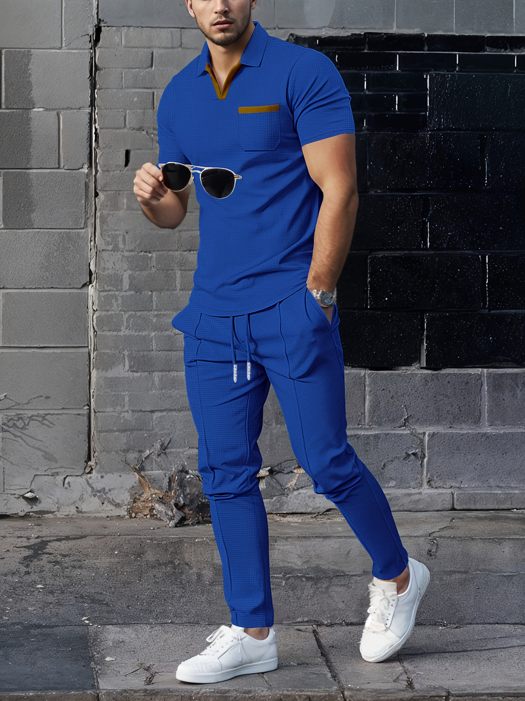 Set da Uomo 2 Pezzi | Collo a Waffle Trendy & Pantaloni Lunghi Confortevoli | Traspirante per l'Estate
