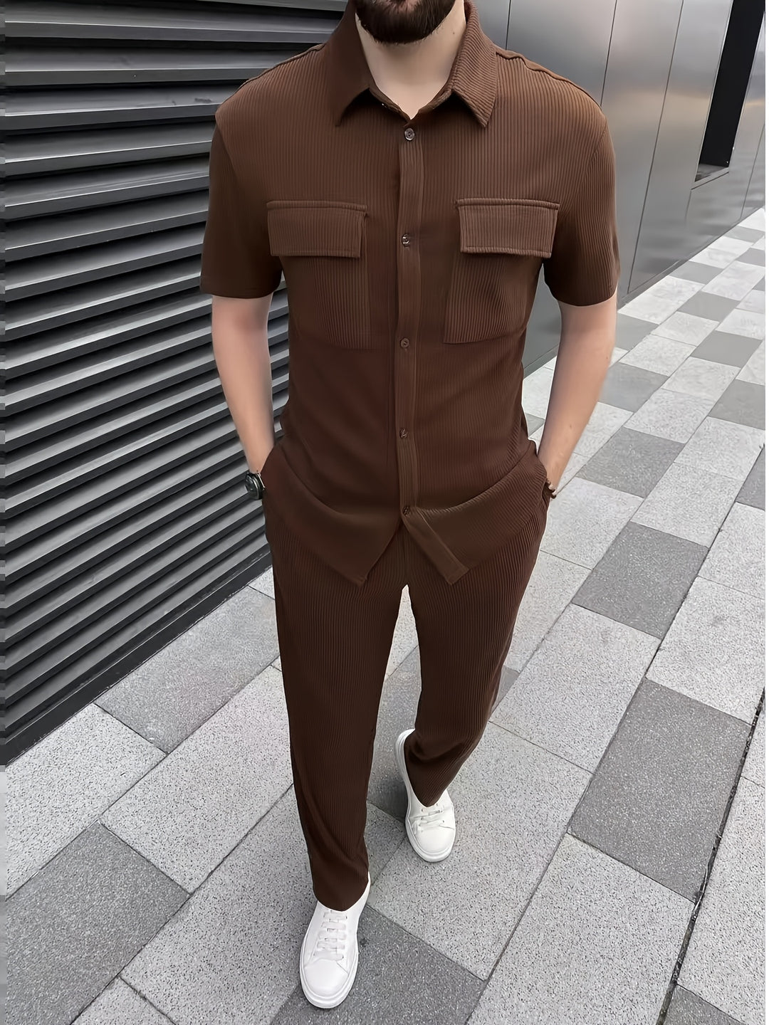 Set in Corduroy | Raffinato & Trendy | Camicia con Bottoni & Pantaloni Sottile | Uomini