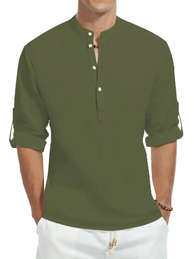 Camicia di Lino da Uomo | Maniche Lunghe | Colletto alla Coreana | Cotone Leggero