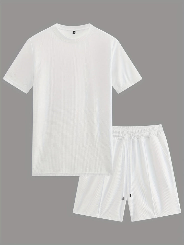 Set da Uomo | Outfit Sportivo Estivo | T-shirt a Waffle & Shorts con Tasche | Materiale Elastico