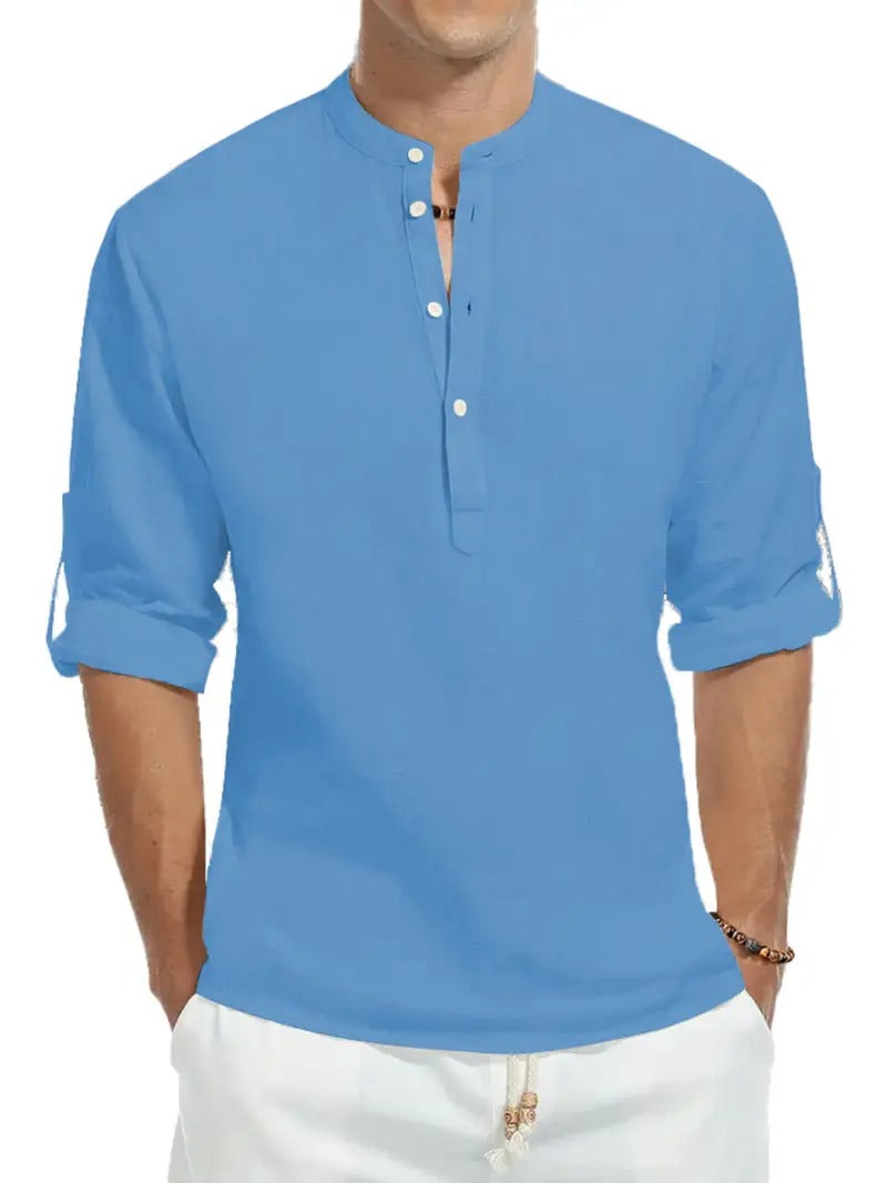 Camicia di Lino da Uomo | Maniche Lunghe | Colletto alla Coreana | Cotone Leggero