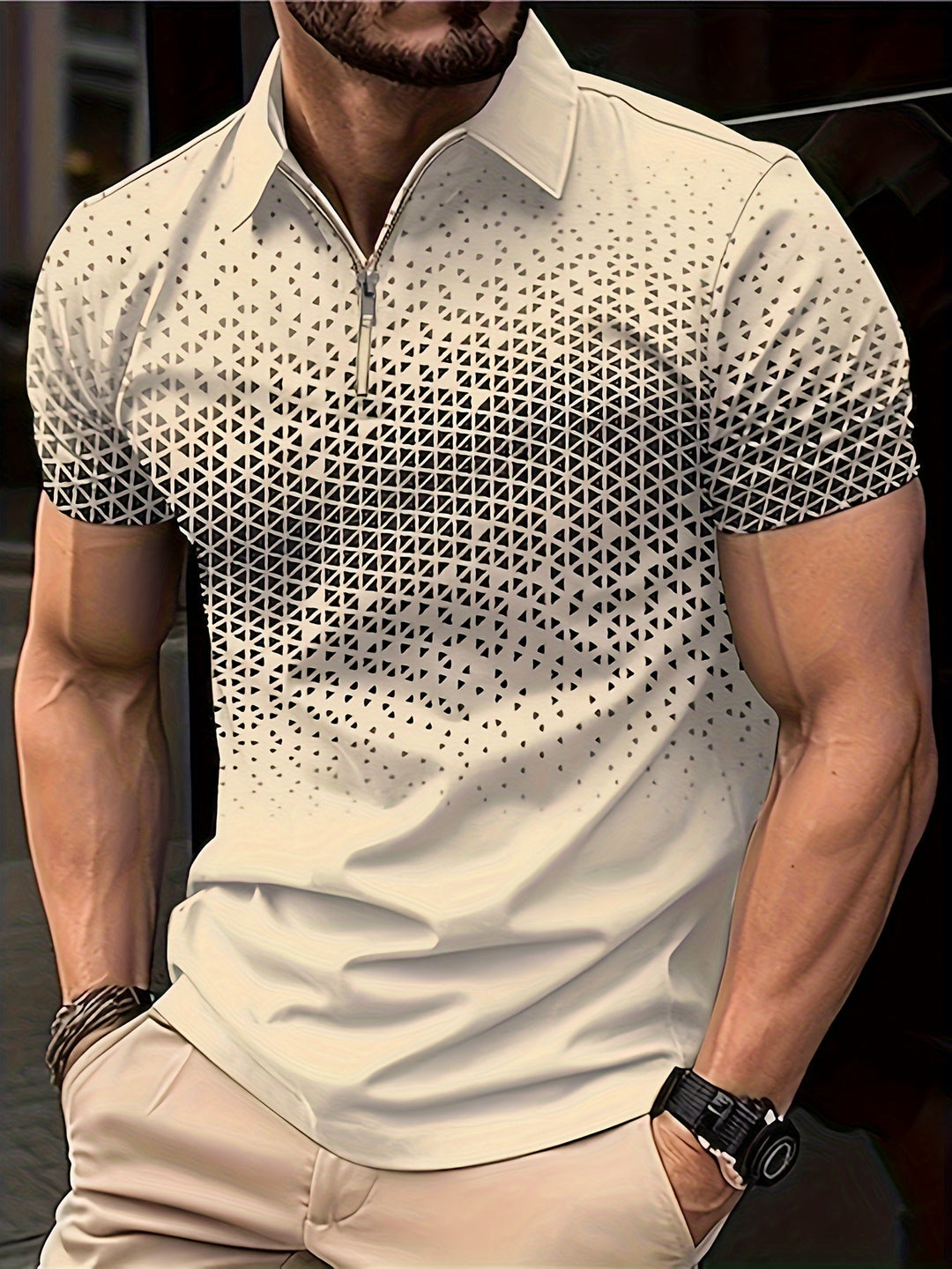 Camicia da Uomo | Motivo Geometrico | Confortevole & Versatile | Zip Manica Corta