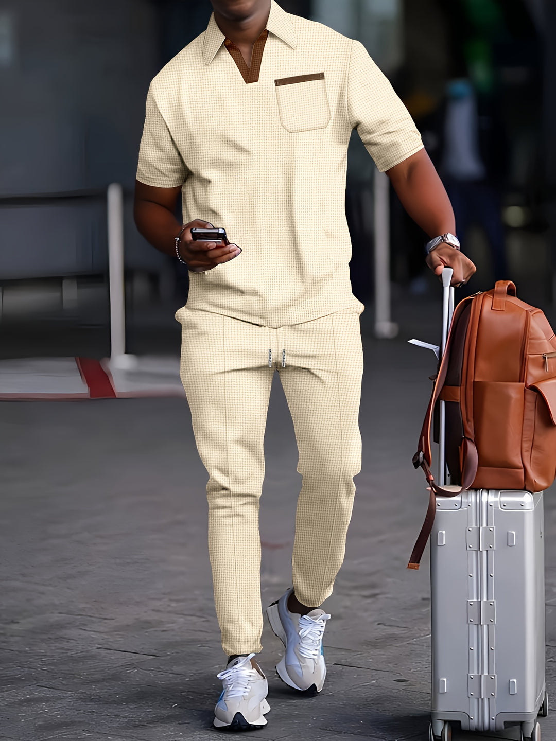 Set da Uomo 2 Pezzi | Collo a Waffle Trendy & Pantaloni Lunghi Confortevoli | Traspirante per l'Estate