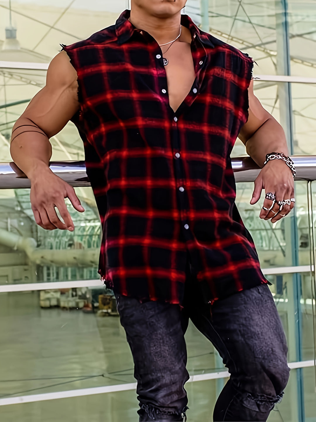 Camicia senza maniche | Camicia a quadri in flanella | Stile casual da strada e da spiaggia