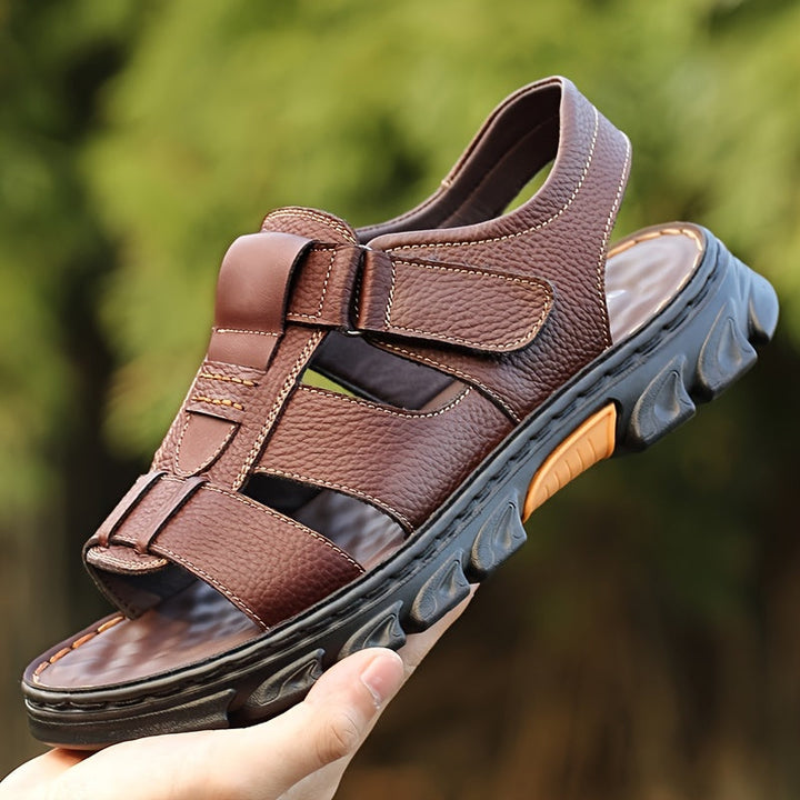Sandali da Uomo | Punta Aperta & Velcro | Confortevoli & Antiscivolo | Pelle di Vitello & Suola in Gomma